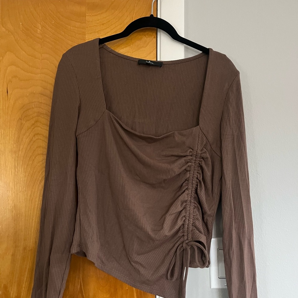 Lulu's Brown Blouse with Long Sleeves and Asymmetrical Ruched Style